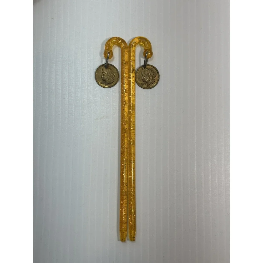 VTG Indianhead Penny Swizzle‎ Stick Drink Garnish Glitter Candy Cain Barware Bar